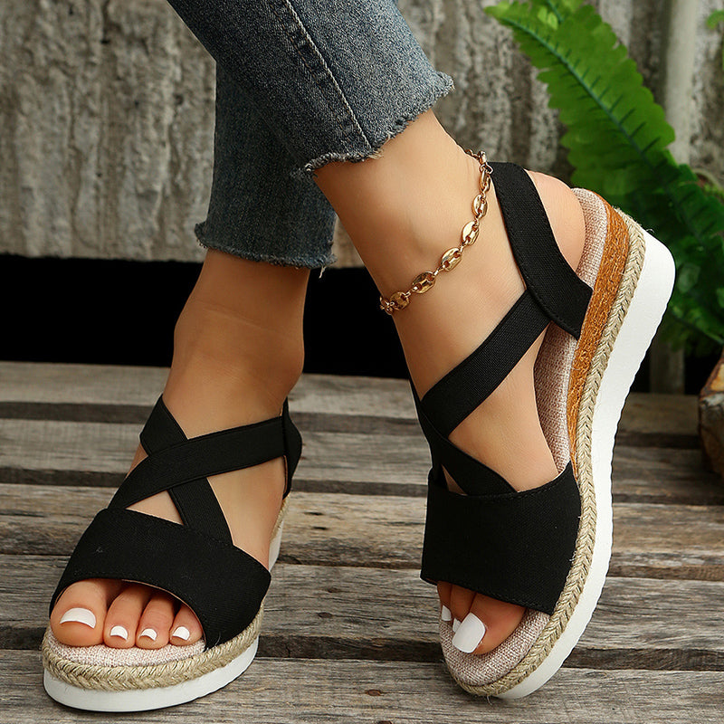 Sandalias Cuña Mujer con Tira Cruzada y Plataforma