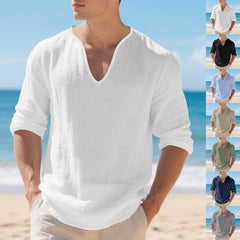 Camisa Lino Hombre Manga Larga Cuello V - Corte Holgado y Transpirable